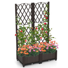 Raised Garden Bed Double Box Planter w/ Trellis & Drainage Holes-Brown