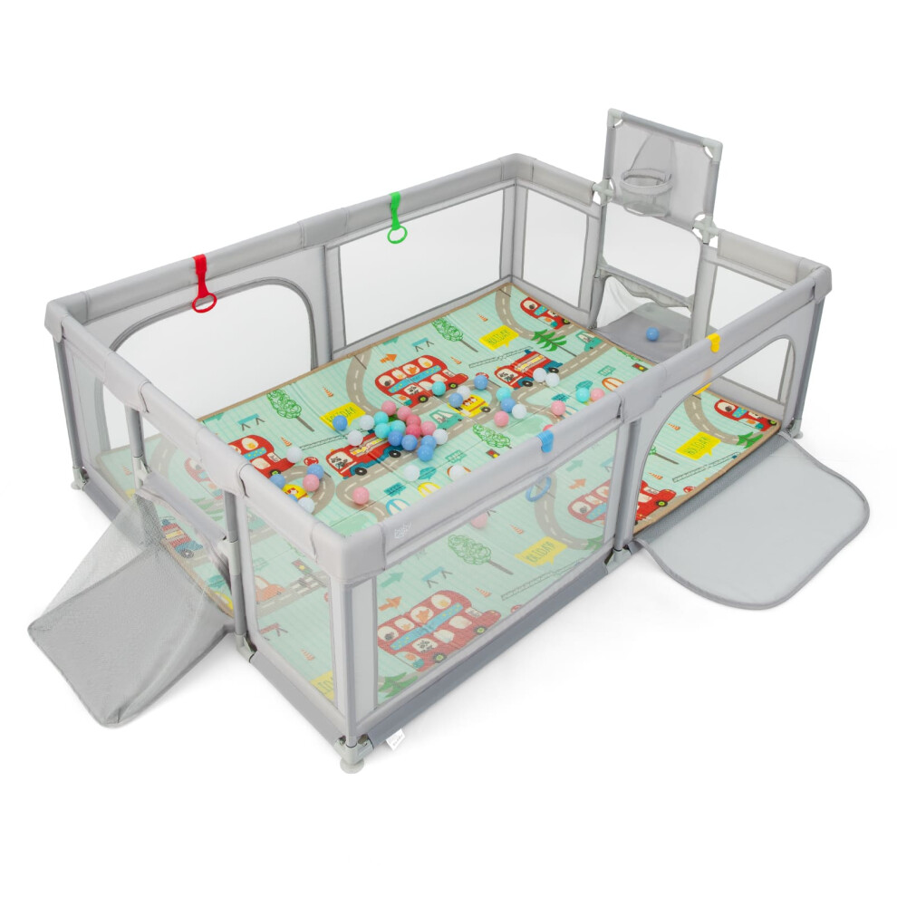 Large Baby Playpen Safe Play Yard w/ Basketball Hoop & Mat-Light Grey