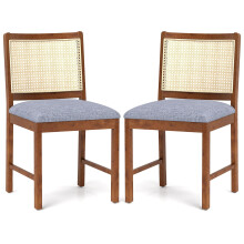 Rattan Dining Chair Set of 2 Wooden Upholstered Kitchen Side Armless Chairs