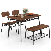 Set of 4 Dining Table Set 110 x 70 cm Kitchen Table w/ 2 Chairs & Bench-Brown
