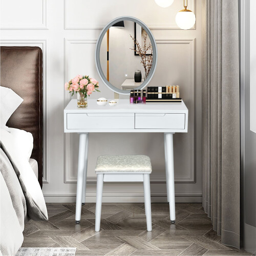 Casart Vanity Table Set with Lighted Mirror & 3 Color Lighting Modes-White 2