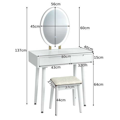 Casart Vanity Table Set with Lighted Mirror & 3 Color Lighting Modes-White 1