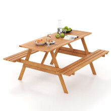 Outdoor Table Set Patio Picnic Wood Dining Table w/ 2 Built-in Benches