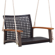Rattan Porch Swing Chair Patio Wicker Single Hanging Seat w/ Ropes
