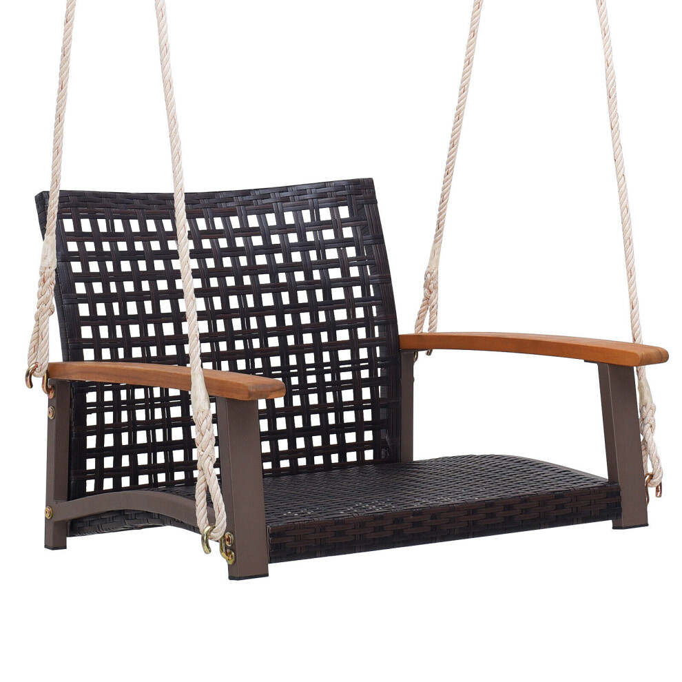 Casart Rattan Porch Swing Chair Patio Wicker Single Hanging Seat W/ Ropes