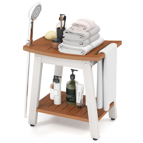 Casart Shower Bench Seat HIPS Shower Stool w/ Handle & Shower Head-Brown