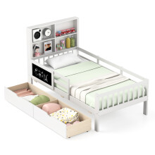 Single Size Bed Frame w/ 2 Storage Drawers Wooden Slats Support Bed for Kids White