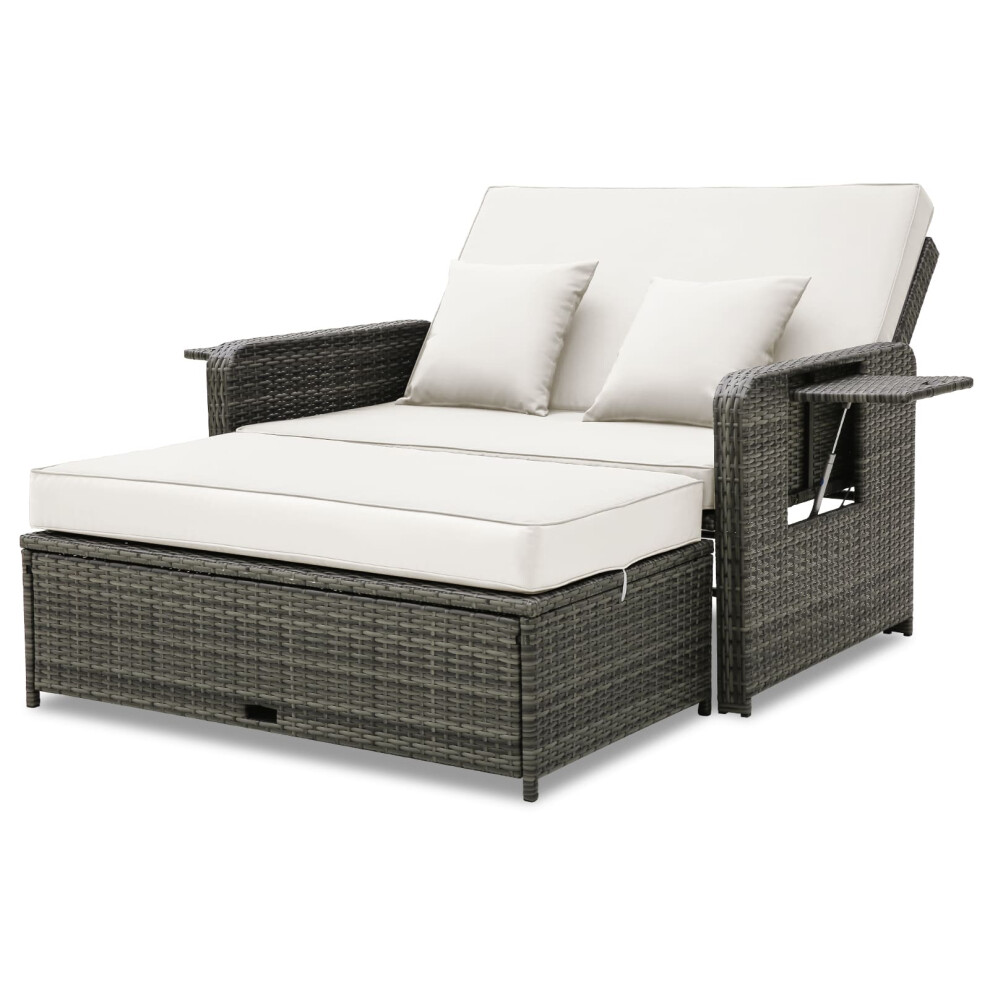 Patio Rattan Daybed Set Outdoor Adjustable Sun Lounger w/ Ottoman