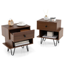 Nightstand Set of 2 Mid Century Modern End Tables with Drawer-Walnut