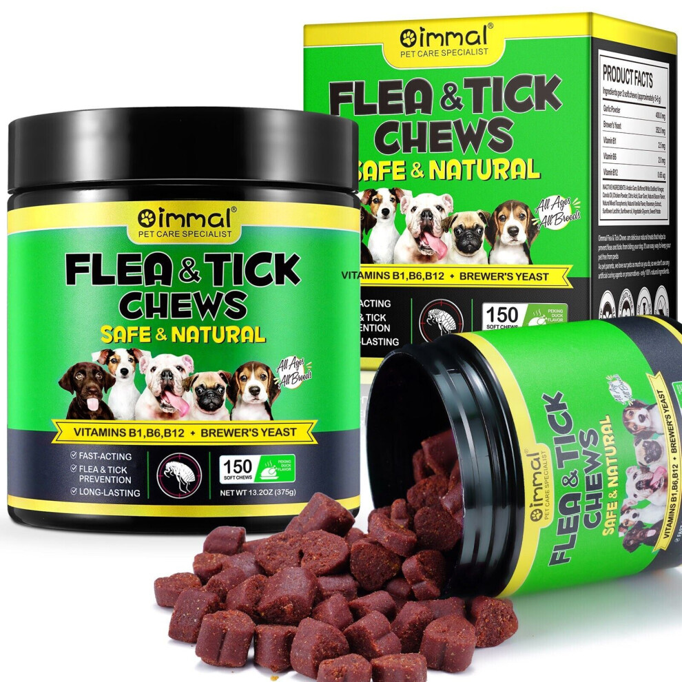 Oimmal 150 Flea & Tick Soft Chews For Dogs – Natural Daily Treatment With Peking Duck Flavour