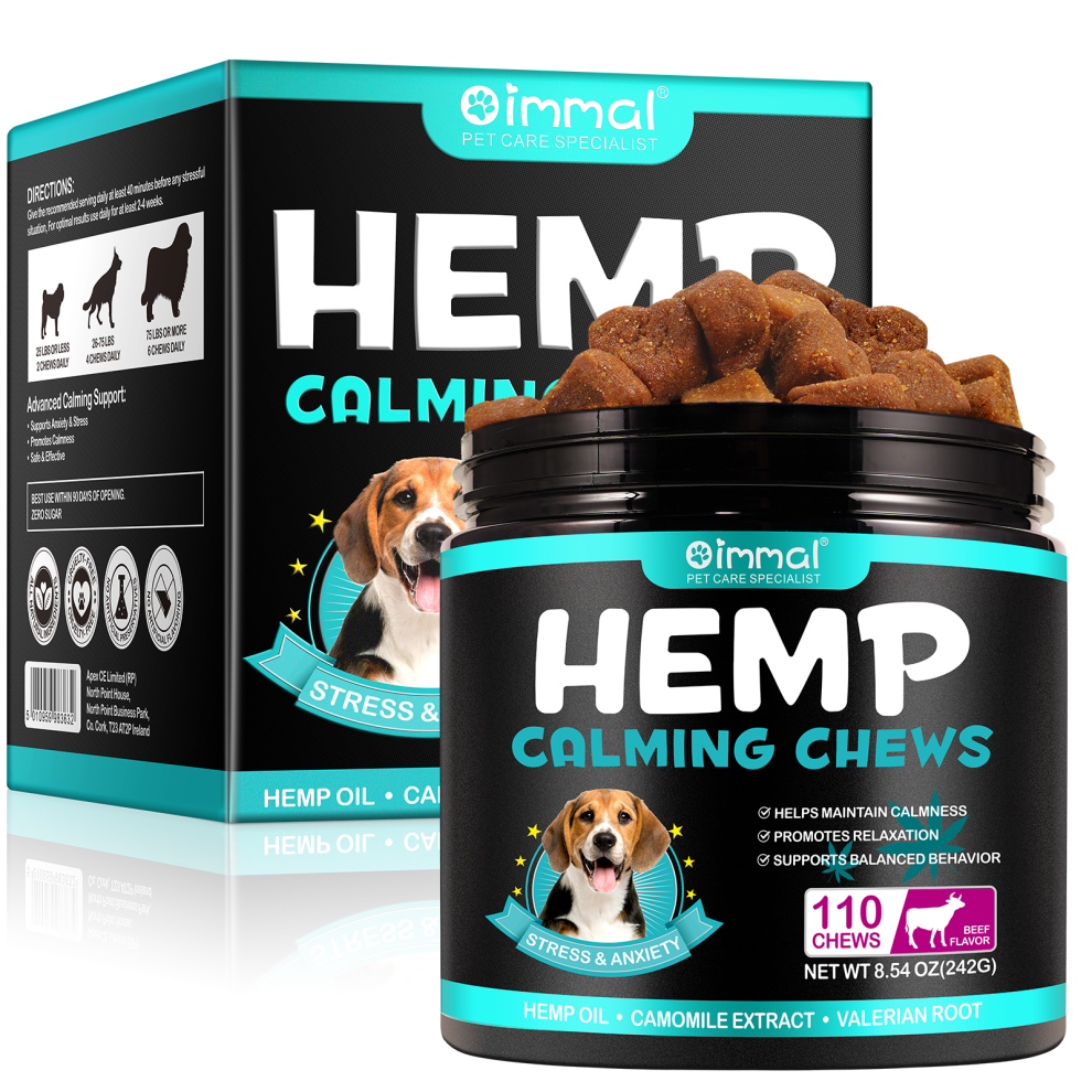 Oimmal 110X Hemp Chews For Dogs – Anxiety Relief Calming Treats – Beef Flavour Dog Food Supplement