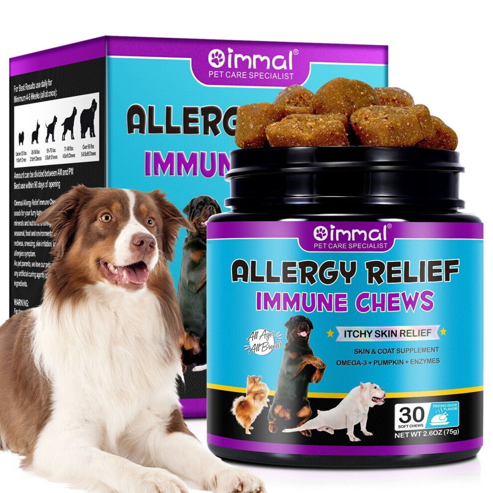 Oimmal Dog Allergy & Itchy Skin Relief Treats – Immune Support Chews With Duck Flavour – 30 Natural Supplements