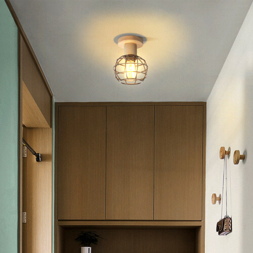 Retro E27 Eisen Holz Deckenlampe Runde Käfig Deckenleuchte Moderne Deckenlampe Für Eingangsbereich Flur Schwarz 2