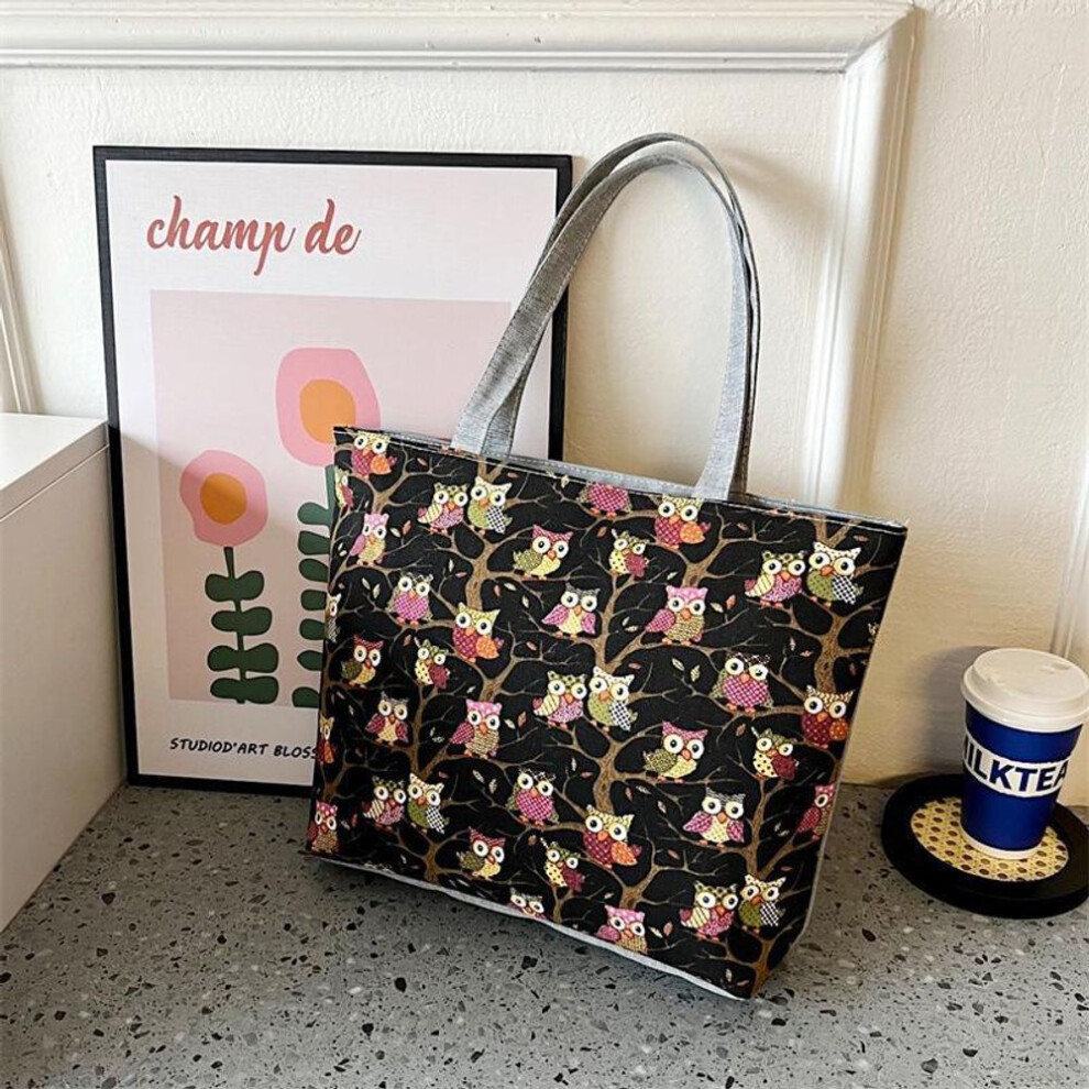 (black, Owl) Retro Canvas Tote Bag - Extra Large Printed Handbag For Women, Singapore, Malaysia, Thailand