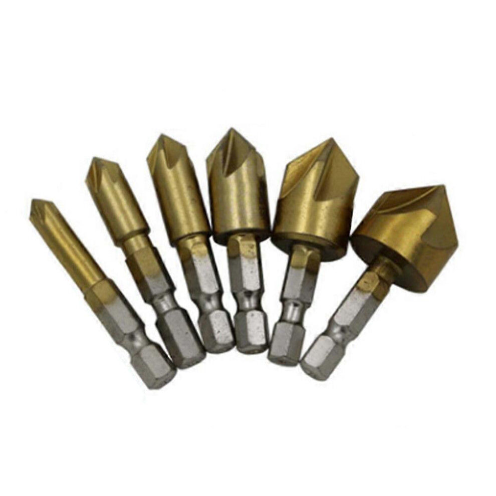 (As Show, One Size) 6Pcs/Lot 6-19Mm Hexagonal Handle Titanium Countersink Drill Bit Set Woodworking Drill Bits Metal Working Chamfering Taper Cutter 4069016307196