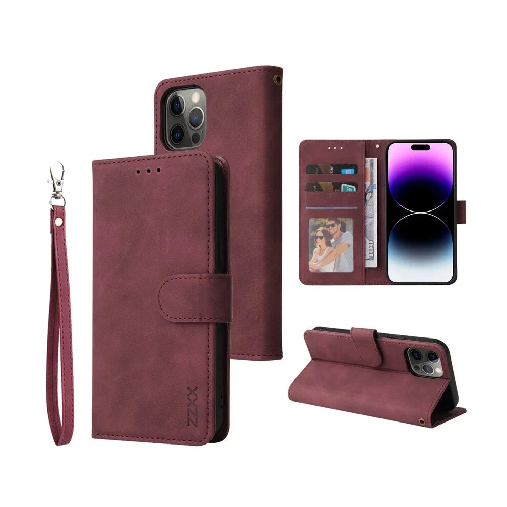 Photos - Case  Leather Wallet Phone  For iPhone 16 15 14 13 12 Pro Max Plus(Wine red, iPhone 16)