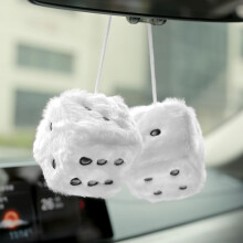 (White) 1 Pair Retro Square Mirror Hanging Couple Fuzzy Plush Dice with Dots for Car Interior Ornament Decoration