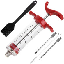 Meat Injector Syringe,Stainless Steel Food Seasoning Syringe Kit with 1pc Barbecue Brush, 2pcs Needles and 1pc Needles Cleaner for BBQ, Grilling