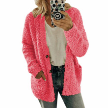 (Pink, S) Plus Size Women Bear Coat Fleece Jacket Cardigan Sweater Outwear Overcoat