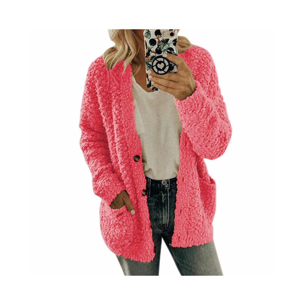 (Pink, S) Plus Size Women Bear Coat Fleece Jacket Cardigan Sweater Outwear Overcoat