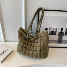 (Green) Soft Nylon Quilted Tote Bag Large Capacity Magnetic Closure Trendy Style Street