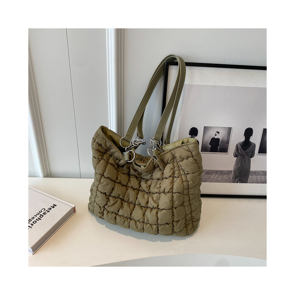 (Green) Soft Nylon Quilted Tote Bag Large Capacity Magnetic Closure Trendy Style Street