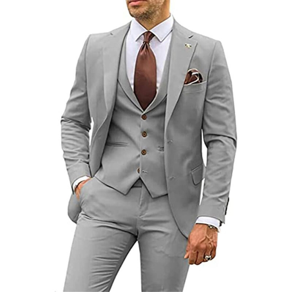 (gray, L) Men Suits 3 Piece Slim Fit Single Breasted Two Buttons Wedding Business Tuxedo Suit Blazer Waistcoat Trousers-image-OPC-PGVRHYH-NEW
