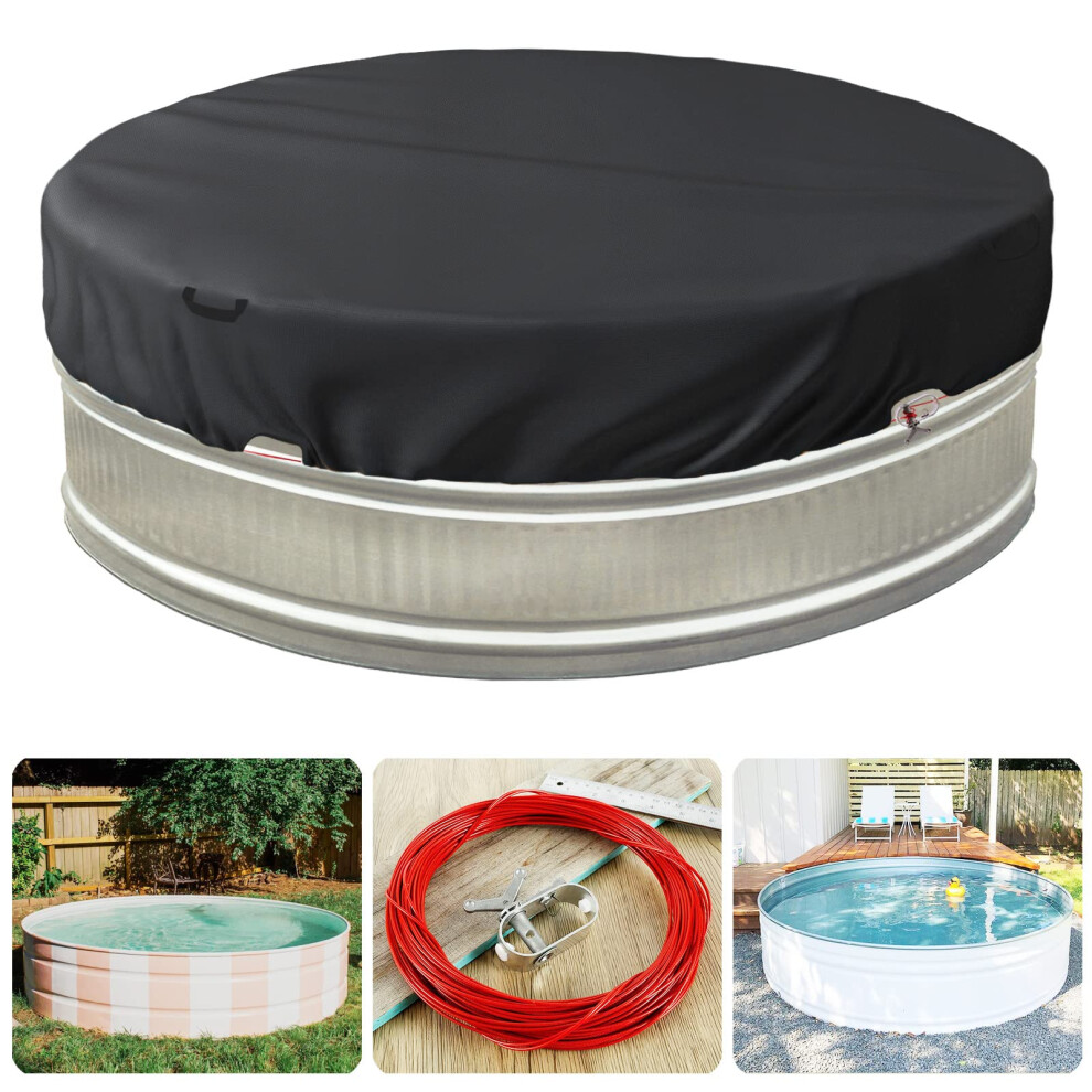Bitubi 9-10 Ft Steel Round Stock Tank Pool Cover Upgraded with Wire Rope & Winch Fixed Increase StabilityBlack