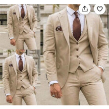 (beige, M) Men Suits 3 Piece Slim Fit Single Breasted Two Buttons Wedding Business Tuxedo Suit Blazer Waistcoat Trousers