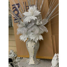 Glam Crushed Diamond Mosaic Vase with Silver Sparkle & White Silk Flowers — Elegant Centerpiece for Home, Weddings & Events