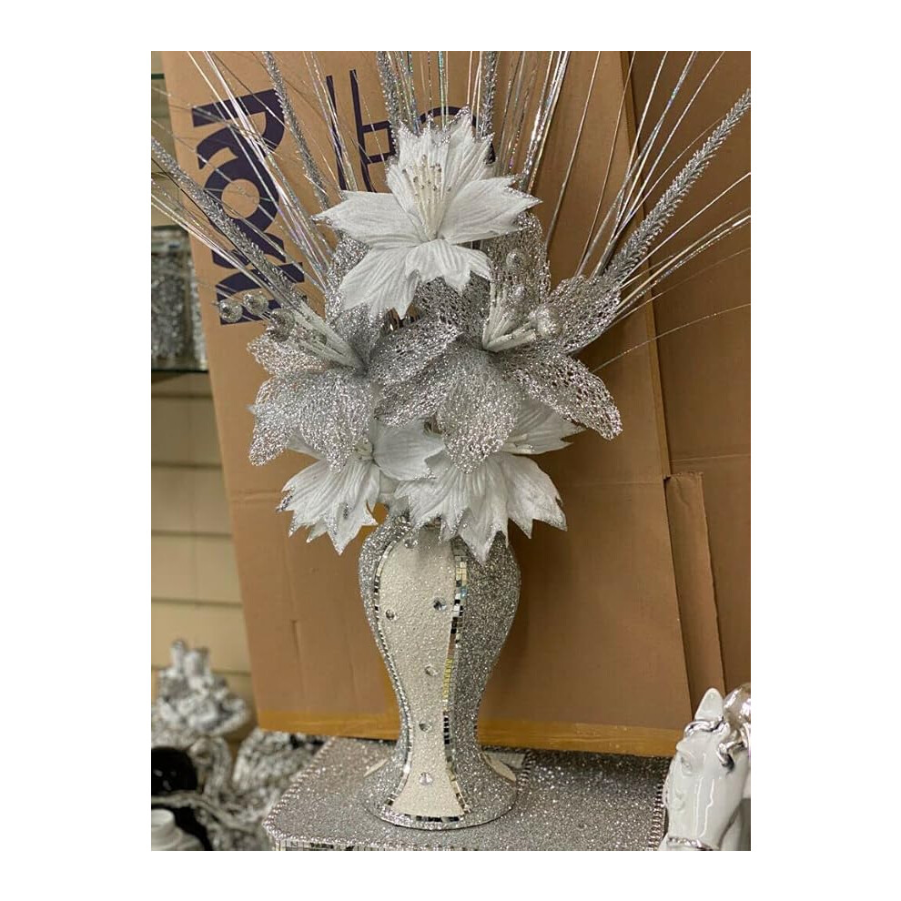 Martinmart Glam Crushed Diamond Mosaic Vase With Sparkle & Silk Flowers — Elegant Centerpiece For Home, Weddings & Events Silver/White