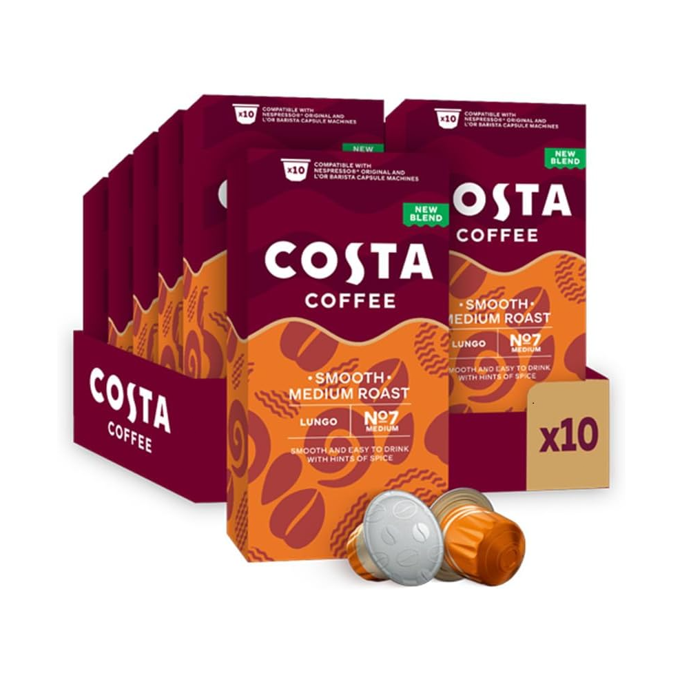 Costa Smooth Medium Roast Aluminium Coffee Pods (Pack of 10 Total 100 Coffee Capsules)
