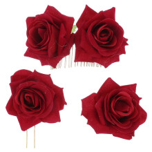 (As show, One size) 3pcs Rose Flower Hair Accessories Hair Comb U-shaped Hair Stick Hair Pin Headdress Sets for Women Girls (Hair Comb + Hair Stick + Hair Pin)