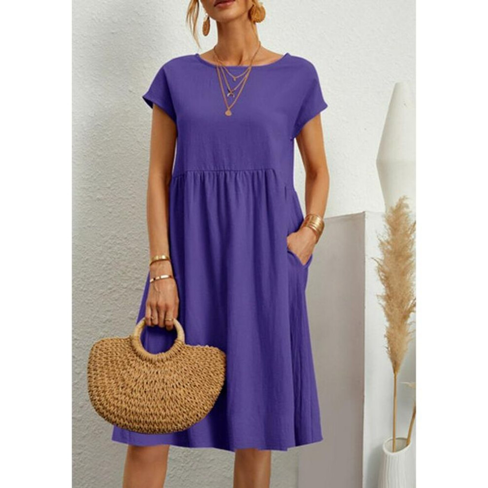(purple, XL) European and American Summer Women's Cotton Linen A-line Skirt - Round Neck, Loose Fit, Plus Size