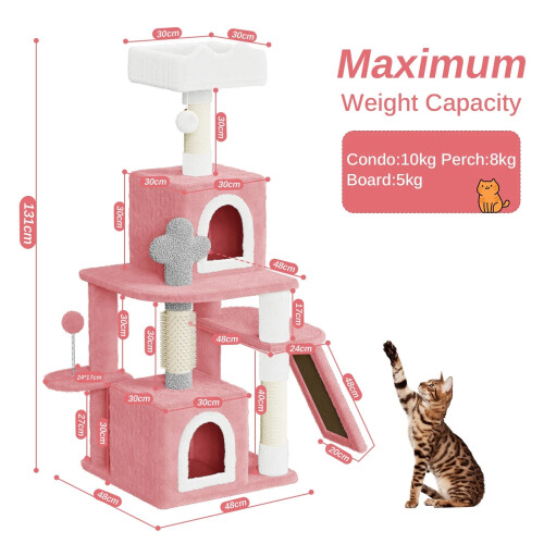 (Pink) 131cm Multi-Level Cat Tree Kitten Scratching Post Climbing Cat Tower Cat Bed 1