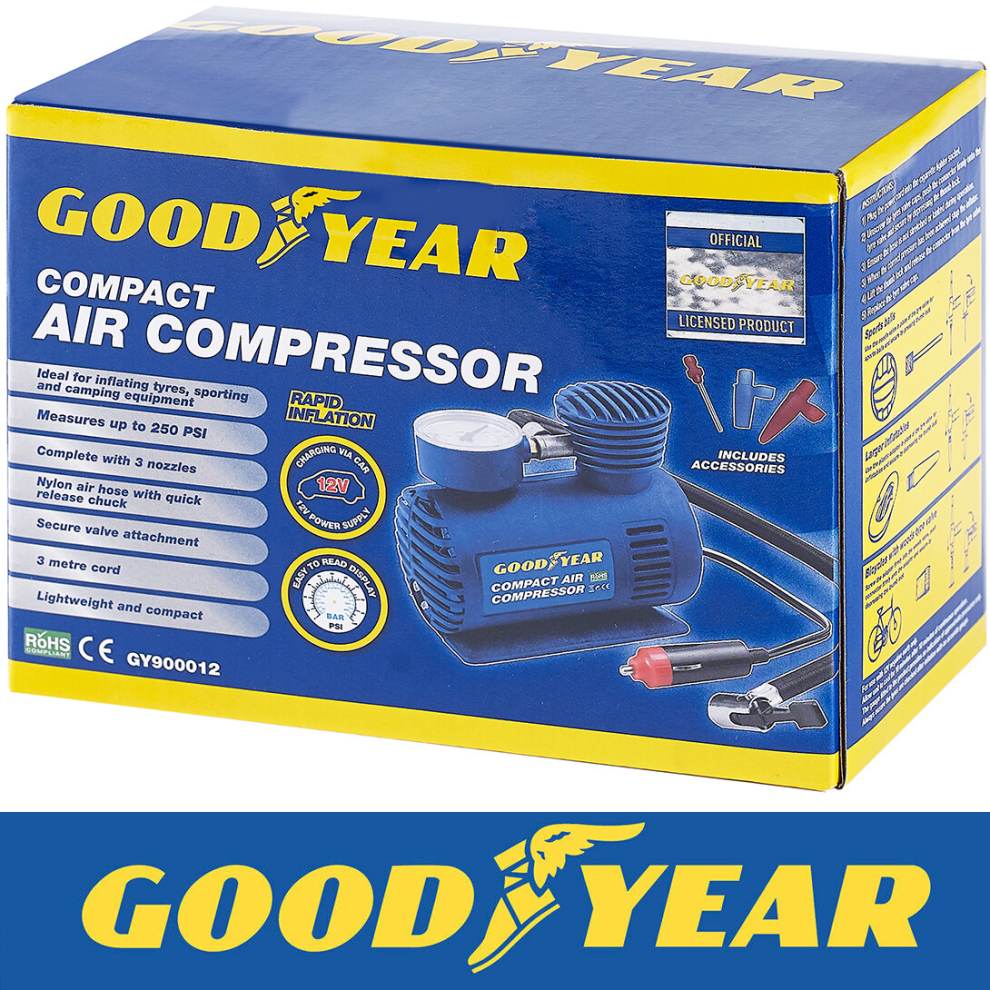 Goodyear Car Tyre Air Compressor Pump Bike Cycle Compact 3M Cord 12V Inflator 3726348465642