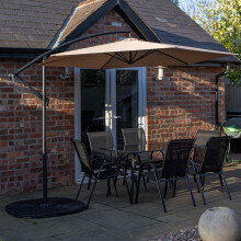6 Person Rectangular Glass Top Table Chairs With Beige Banana Parasol and Base