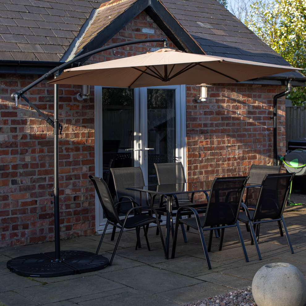 6 Person Rectangular Glass Top Table Chairs With Beige Banana Parasol and Base