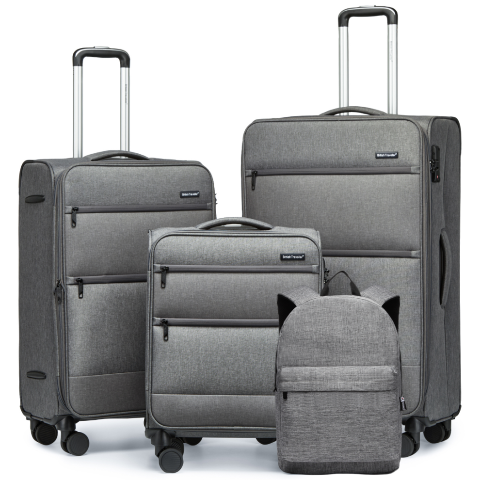 (Grey, Suitcase+Backpack) KONO 4PC Soft Shell Travel Set 3 Suitcase And 1 Duffel Bag