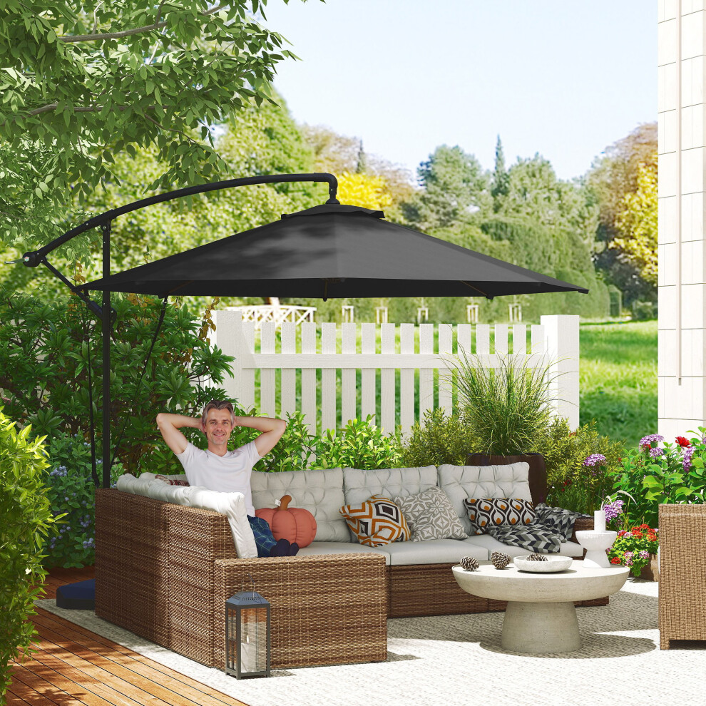 Outsunny Garden Cantilever Parasol With Cover Weighted Base Wind Strap Grey