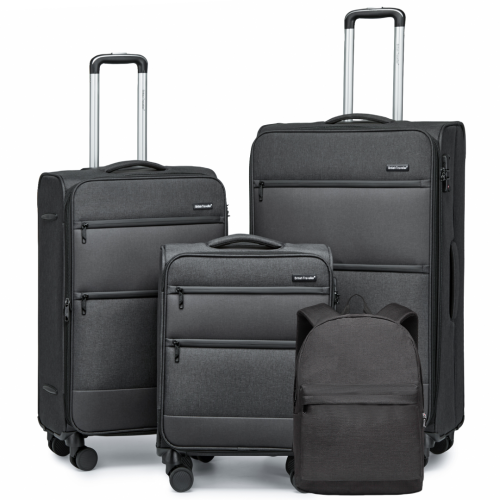 (Black, Suitcase+Backpack) KONO 4PC Soft Shell Travel Set 3 Suitcase And 1 Duffel Bag