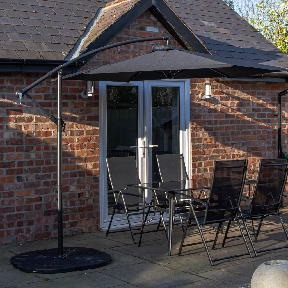4 Person Rectangular Glass Top Table Chairs With Black Banana Parasol and Base