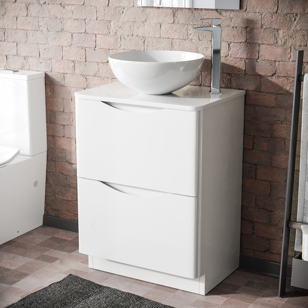 Nes Home White 600mm Bathroom Freestanding Vanity Unit With Round Ceramic Countertop 420mm Basin