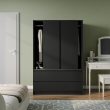 (Black with Black Drawers) 180cm 3 Sliding Door 4 Drawer Wardrobe Clothes Storage Hanging Rail Bedroom