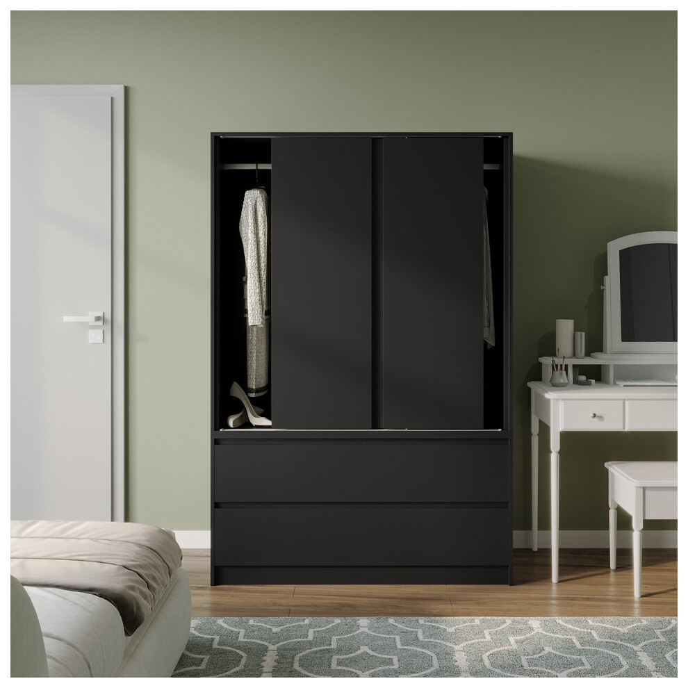 Urbn Living (Black With Black Drawers) 180Cm 3 Sliding Door 4 Drawer Wardrobe Clothes Storage Hanging Rail Bedroom