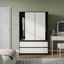 (Black with White Drawers) 180cm 3 Sliding Door 4 Drawer Wardrobe Clothes Storage Hanging Rail Bedroom