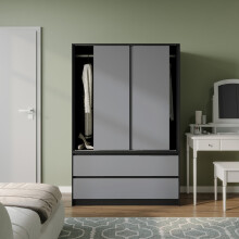 (Black with Grey Drawers) 180cm 3 Sliding Door 4 Drawer Wardrobe Clothes Storage Hanging Rail Bedroom