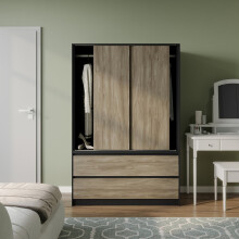 (Black with Oak Drawers) 180cm 3 Sliding Door 4 Drawer Wardrobe Clothes Storage Hanging Rail Bedroom