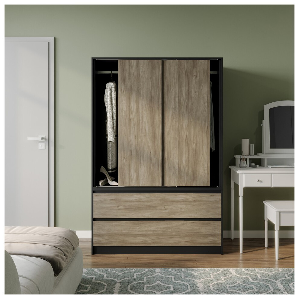 Urbn Living (Black With Oak Drawers) 180Cm 3 Sliding Door 4 Drawer Wardrobe Clothes Storage Hanging Rail Bedroom