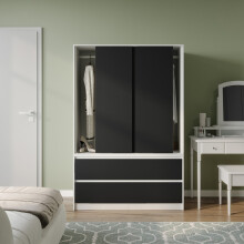 (White with Black Drawers) 180cm 3 Sliding Door 4 Drawer Wardrobe Clothes Storage Hanging Rail Bedroom
